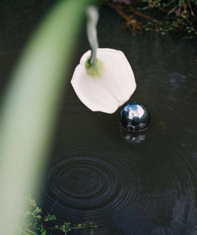 White flower and reflective black sphere floating on water with greenery around